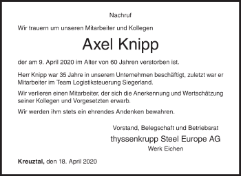 Traueranzeige von Axel Knipp von Siegener Zeitung
