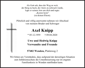 Traueranzeige von Axel Knipp von Siegener Zeitung