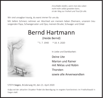 Traueranzeige von Bernd Hartmann von Siegener Zeitung