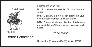 Traueranzeige von Bernd Schneider von Siegener Zeitung