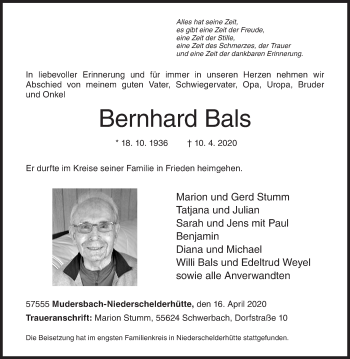 Traueranzeige von Bernhard Bals von Siegener Zeitung