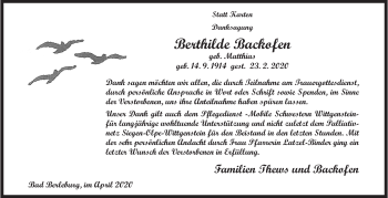 Traueranzeige von Berthilde Backofen von Siegener Zeitung