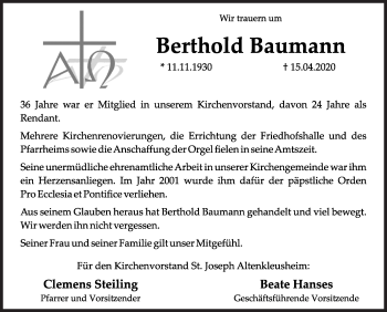 Traueranzeige von Berthold Baumann von Siegener Zeitung