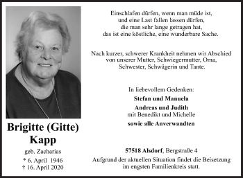 Traueranzeige von Brigitte Kapp von Siegener Zeitung