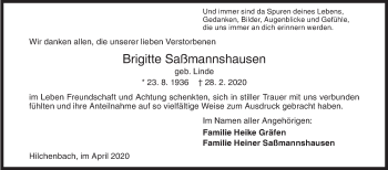 Traueranzeige von Brigitte Saßmannshausen von Siegener Zeitung