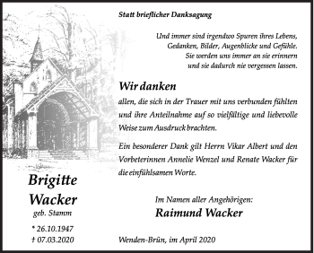 Traueranzeige von Brigitte Wacker von Siegener Zeitung