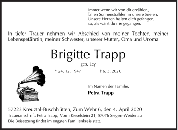 Traueranzeige von BrigitteTrapp Trapp von Siegener Zeitung