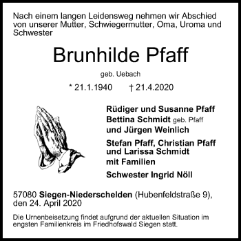 Traueranzeige von Brunhilde Pfaff von Siegener Zeitung