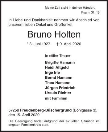Traueranzeige von Bruno Holten von Siegener Zeitung