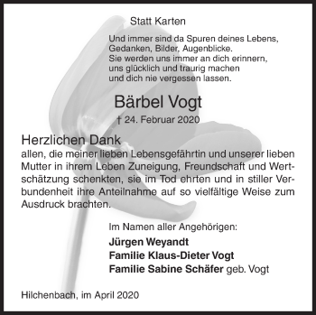 Traueranzeige von Bärbel Vogt von Siegener Zeitung