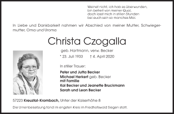 Traueranzeige von Christa Czogalla von Siegener Zeitung