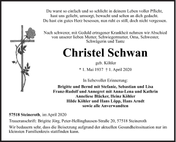 Traueranzeige von Christel Schwan von Siegener Zeitung