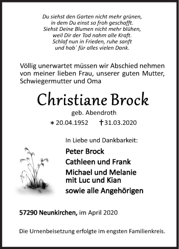 Traueranzeige von Christiane Brock von Siegener Zeitung
