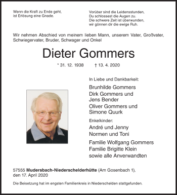 Traueranzeige von Dieter Gommers von Siegener Zeitung
