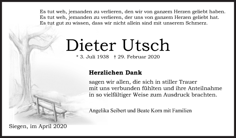  Traueranzeige für Dieter Utsch vom 08.04.2020 aus Siegener Zeitung