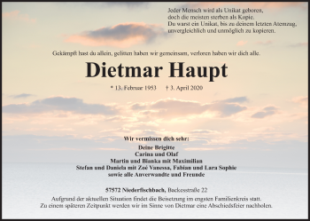 Traueranzeige von Dietmar Haupt von Siegener Zeitung