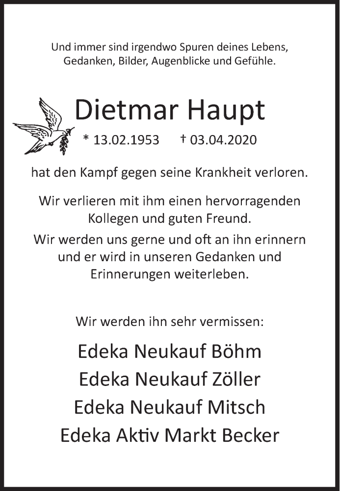  Traueranzeige für Dietmar Haupt vom 07.04.2020 aus Siegener Zeitung