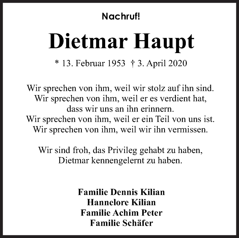  Traueranzeige für Dietmar Haupt vom 08.04.2020 aus Siegener Zeitung