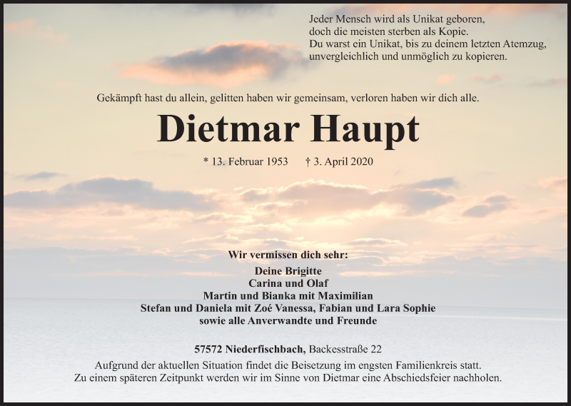  Traueranzeige für Dietmar Haupt vom 07.04.2020 aus Siegener Zeitung