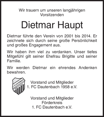 Traueranzeige von Dietmar Haupt von Siegener Zeitung
