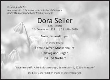 Traueranzeige von Dora Seiler von Siegener Zeitung