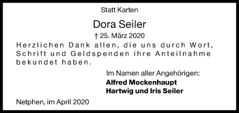 Traueranzeige von Dora Seiler von Siegener Zeitung
