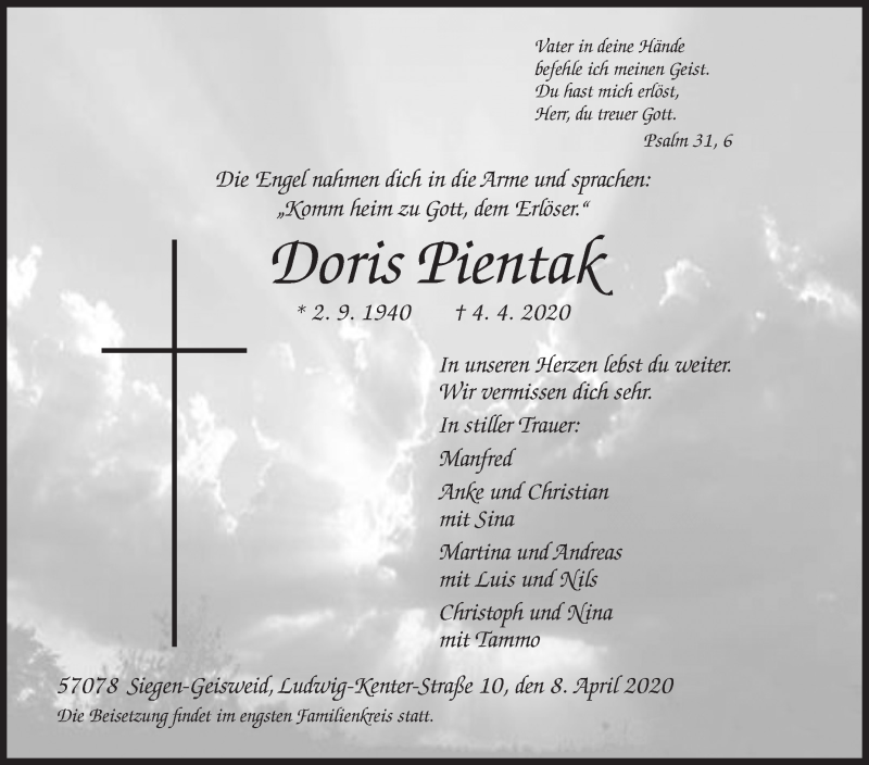  Traueranzeige für Doris Pientak vom 08.04.2020 aus Siegener Zeitung