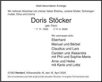 Traueranzeige von Doris Stöcker von Siegener Zeitung