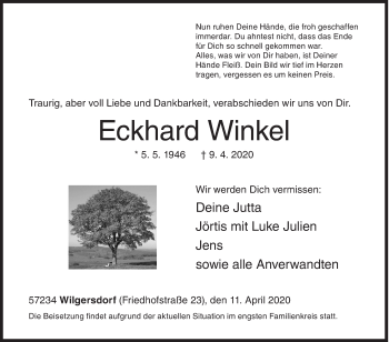 Traueranzeige von Eckhard Winkel von Siegener Zeitung