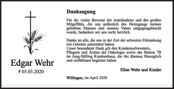 Traueranzeige von Edgar Wehr von Siegener Zeitung