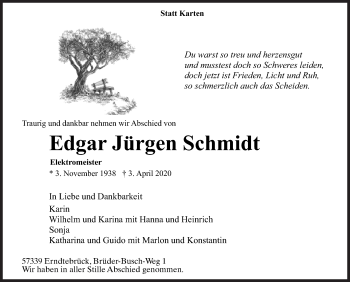 Traueranzeige von Edgar Jürgen Schmidt von Siegener Zeitung