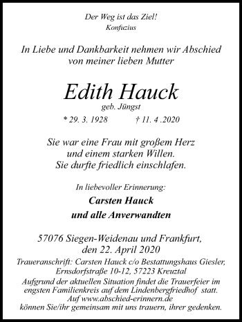Traueranzeige von Edith Hauck von Siegener Zeitung