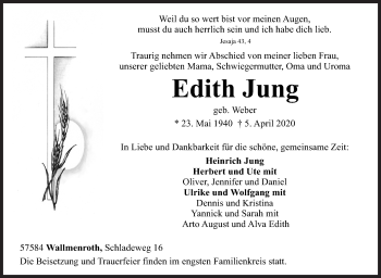 Traueranzeige von Edith Jung von Siegener Zeitung