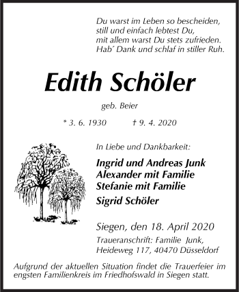 Traueranzeige von Edith Schöler von Siegener Zeitung