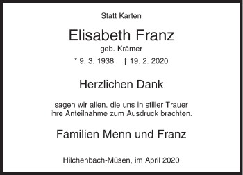 Traueranzeige von Elisabeth Franz von Siegener Zeitung