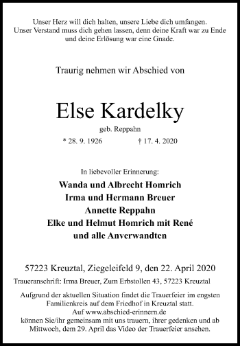 Traueranzeige von Else Kardelky von Siegener Zeitung
