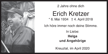 Traueranzeige von Erich Kretzer von Siegener Zeitung