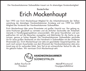 Traueranzeige von Erich Mockenhaupt von Siegener Zeitung