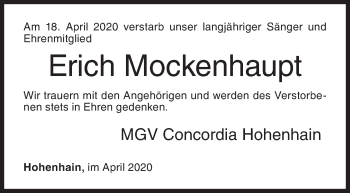 Traueranzeige von Erich Mockenhaupt von Siegener Zeitung