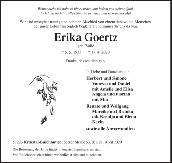 Traueranzeige von Erika Goertz von Siegener Zeitung