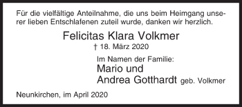 Traueranzeige von Felicitas Klara Volkmer von Siegener Zeitung