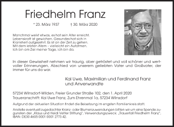 Traueranzeige von Friedhelm Franz von Siegener Zeitung