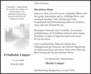 Traueranzeige von Friedhelm Limper von Siegener Zeitung