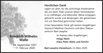 Traueranzeige von Friedrich Wilhelm Walle von Siegener Zeitung