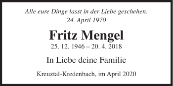 Traueranzeige von Fritz Mengel von Siegener Zeitung
