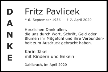 Traueranzeige von Fritz Pavlicek von Siegener Zeitung