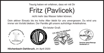 Traueranzeige von Fritz Pavlicek von Siegener Zeitung