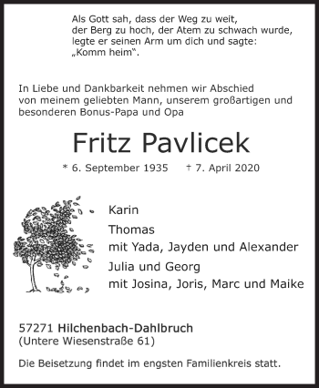 Traueranzeige von Fritz Pavlicek von Siegener Zeitung