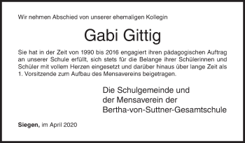 Traueranzeige von Gabriele Gittig von Siegener Zeitung