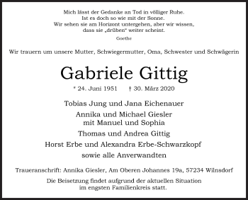 Traueranzeige von Gabriele Gittig von Siegener Zeitung